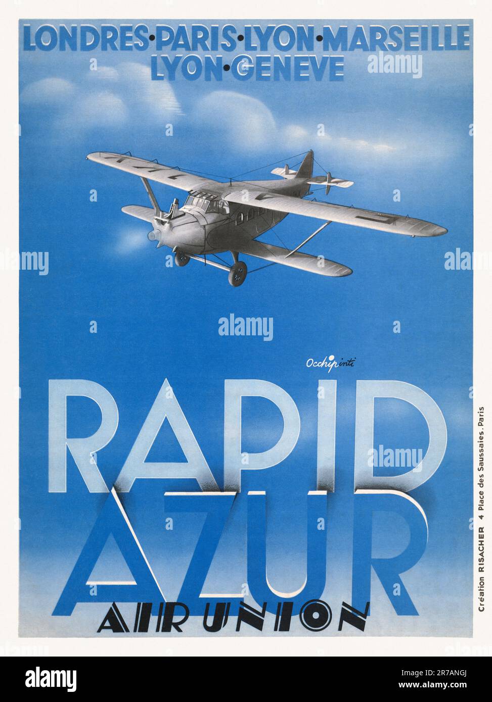 Schnell Azur. Luftanschluss. London, Paris, Lyon, Marseille, Lyon, Genève von Occhipinti (Datum unbekannt). Poster wurde 1932 in Frankreich veröffentlicht. Stockfoto