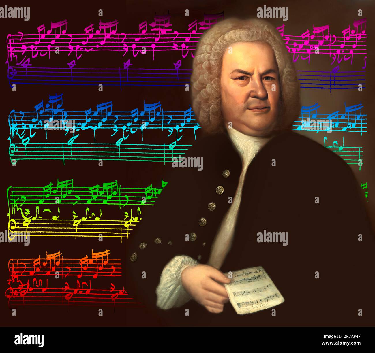 Johann Sebastian Bach, 1685 - 1750, deutscher Komponist, digital bearbeitet nach einem Gemälde von Elias Gottlob Haussmann, Bachs Autogramm von das Wohltemperierte Klavier, The Well-Tempered Clavier, BWV 846-893 Stockfoto