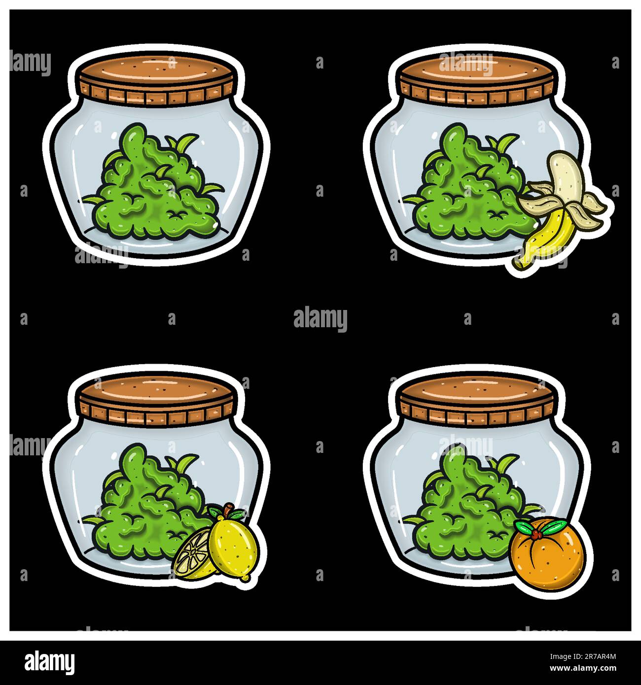 Bananen-, Zitronen- und Orangenfruchtgeschmack. Set mit Weed Knospen auf Glas mit einfachem Verlauf. Vektor und Illustration. Stock Vektor Bananen-, Zitronen- und Orangenfruchtgeschmack. Set mit Weed Knospen auf Glas mit einfachem Verlauf. Vektor und Illustration. Stock Vektor