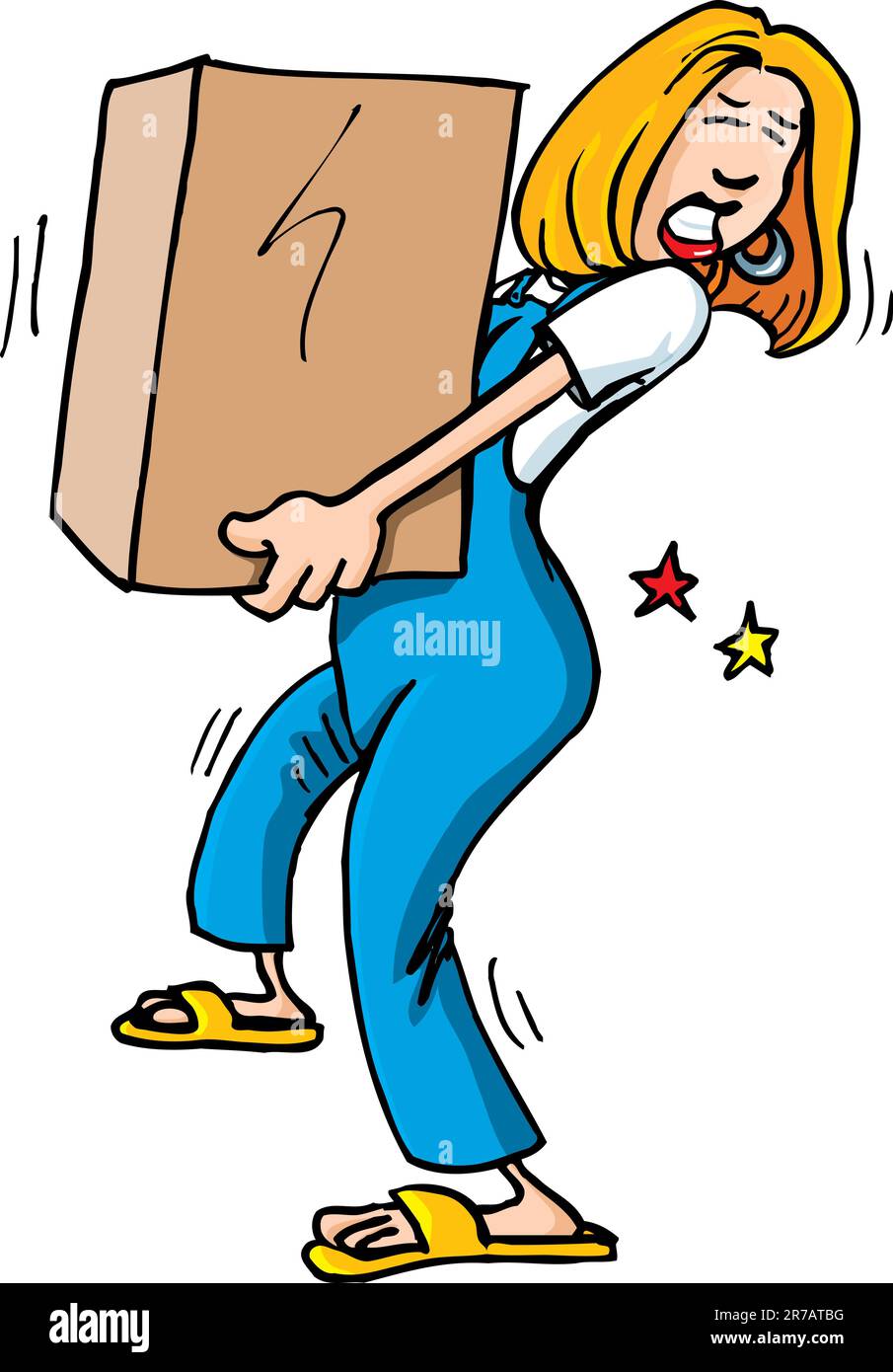 Karikatur von Frau eine schwere Kiste abholen. Es bewirkt, dass ihre Rückenschmerzen Stock Vektor