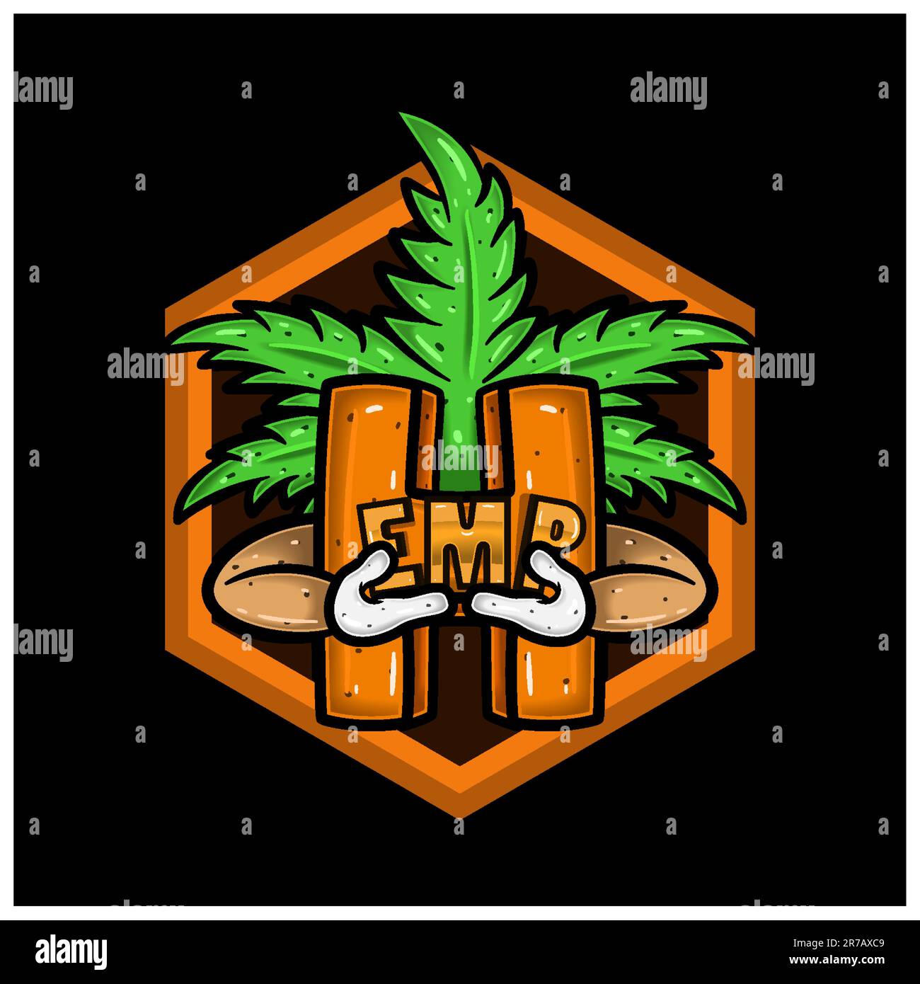 Logo mit sechseckigen Aufklebern und Buchstabe H mit Zeichentrickfilm mit Blättermotiv. Perfekt für Logos und Produktetiketten. Vektoren und Illustrationen. Stock Vektor