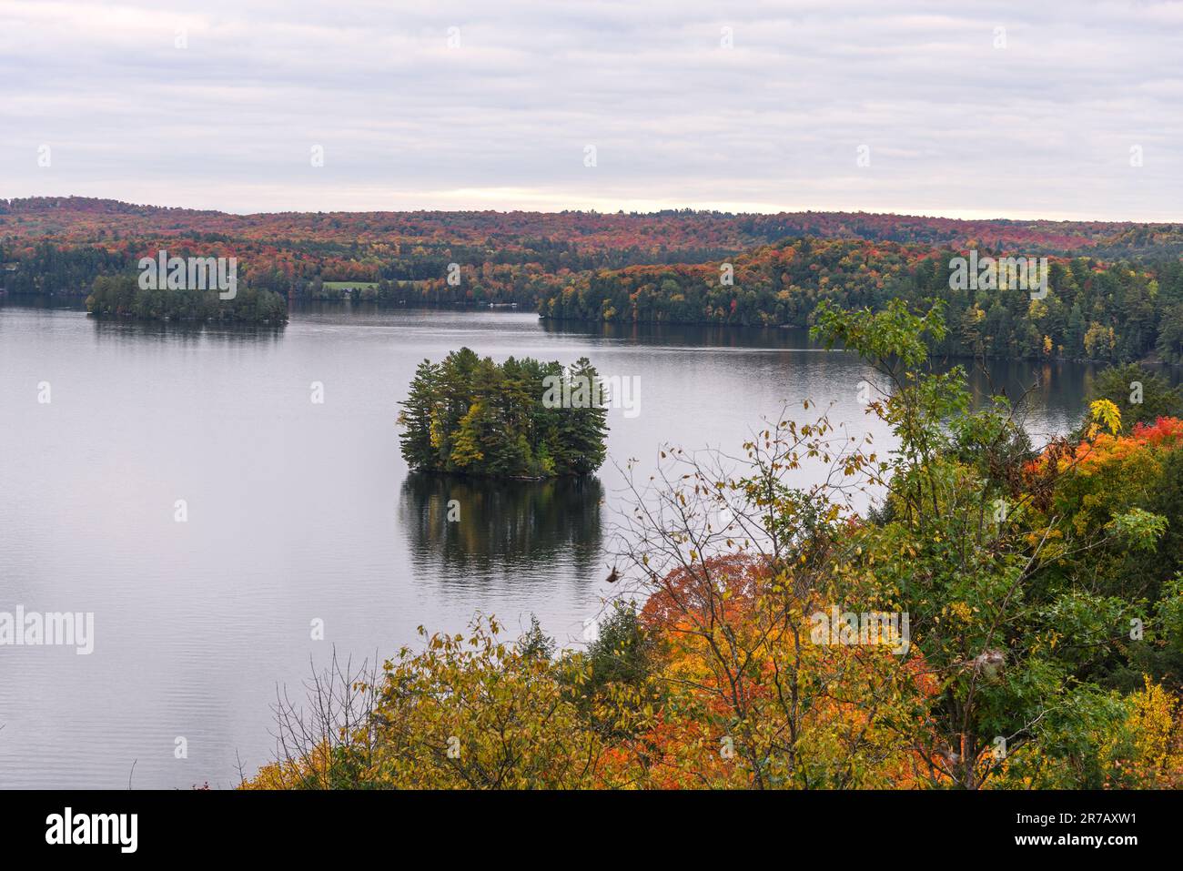 Bewaldete Ufer eines Sees auf dem Gipfel des Herbstlaubs an einem bewölkten Herbsttag Stockfoto