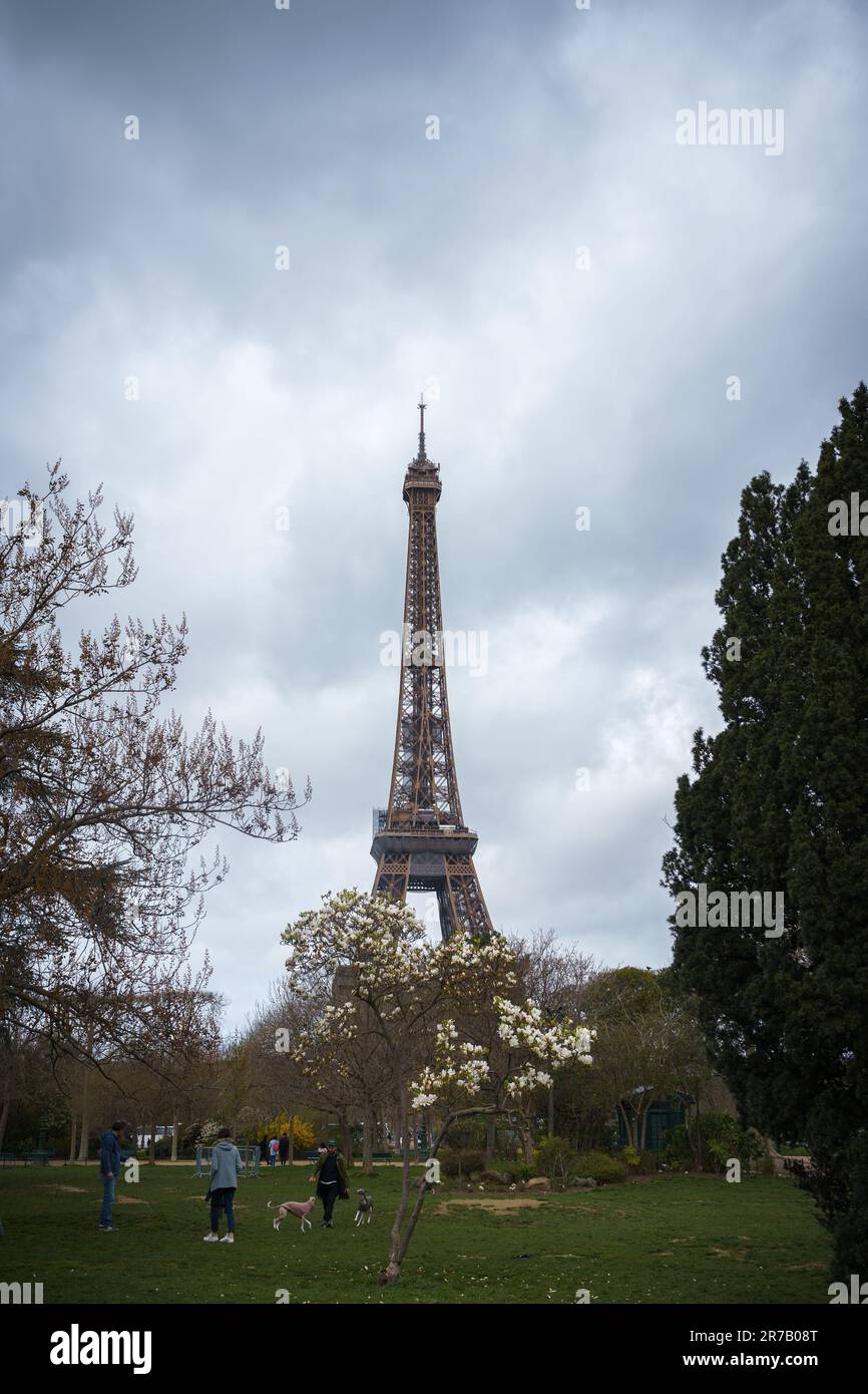 Im Frühling Champ de Mars und Eiffelturm. Paris, Frankreich. 25. März 2023. Stockfoto