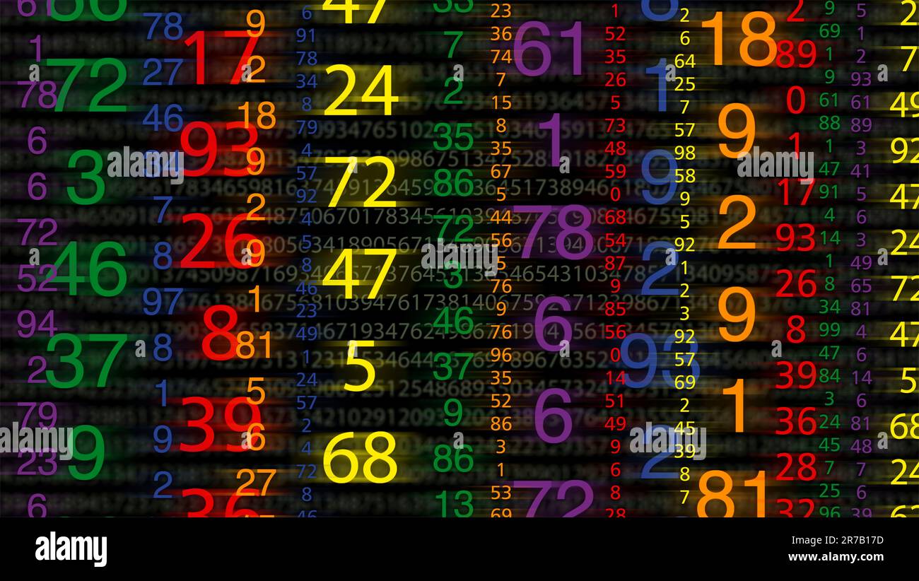 Ein Bannerbild mit verschiedenen farbigen Zahlen, die verschiedene Arten von Daten darstellen, die für Business Intelligence-Analysen erfasst werden Stockfoto