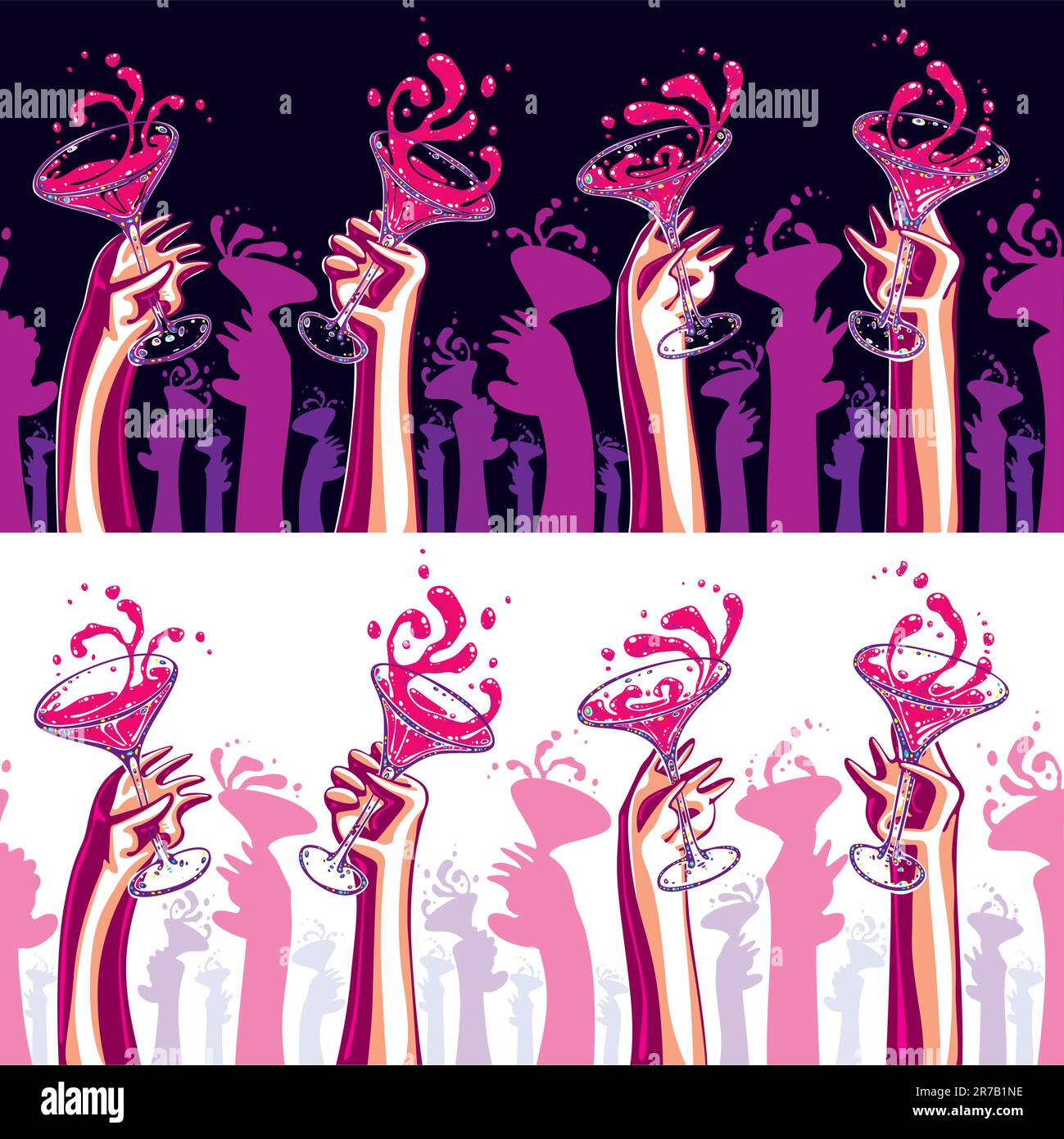 Menschliche Hände mit Cocktailgläsern, die Toasts und Spritzer machen. Partyillustrierung. Nahtloses horizontales Muster, kann ohne Nähte kopiert werden. Ganz ruhig... Stock Vektor