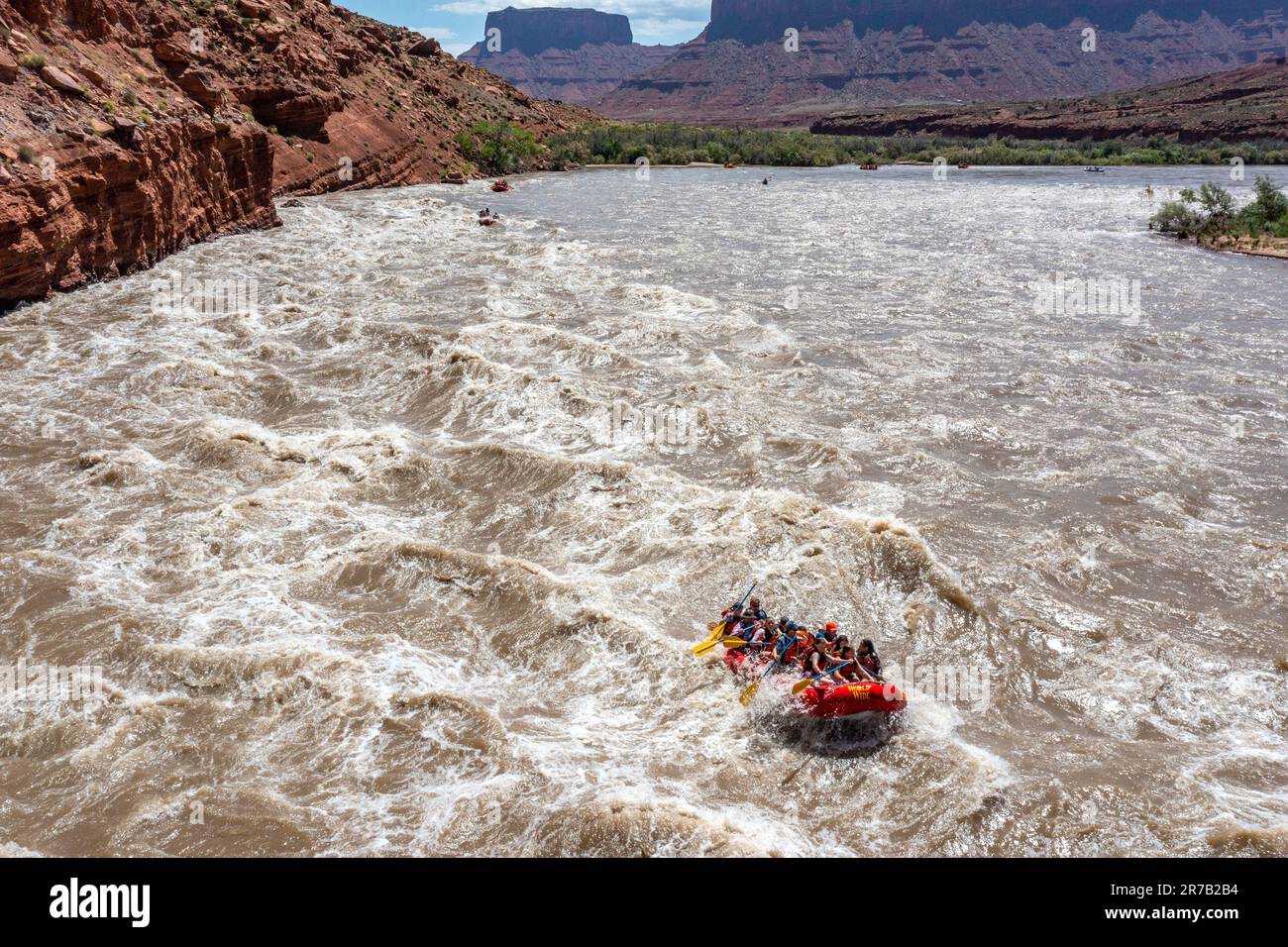 Touristen werden auf einem Rafting-Trip durch die großen Wellen in White's Rapid auf dem Colorado River in Hochwasser verwöhnt. Moab, Utah. Stockfoto