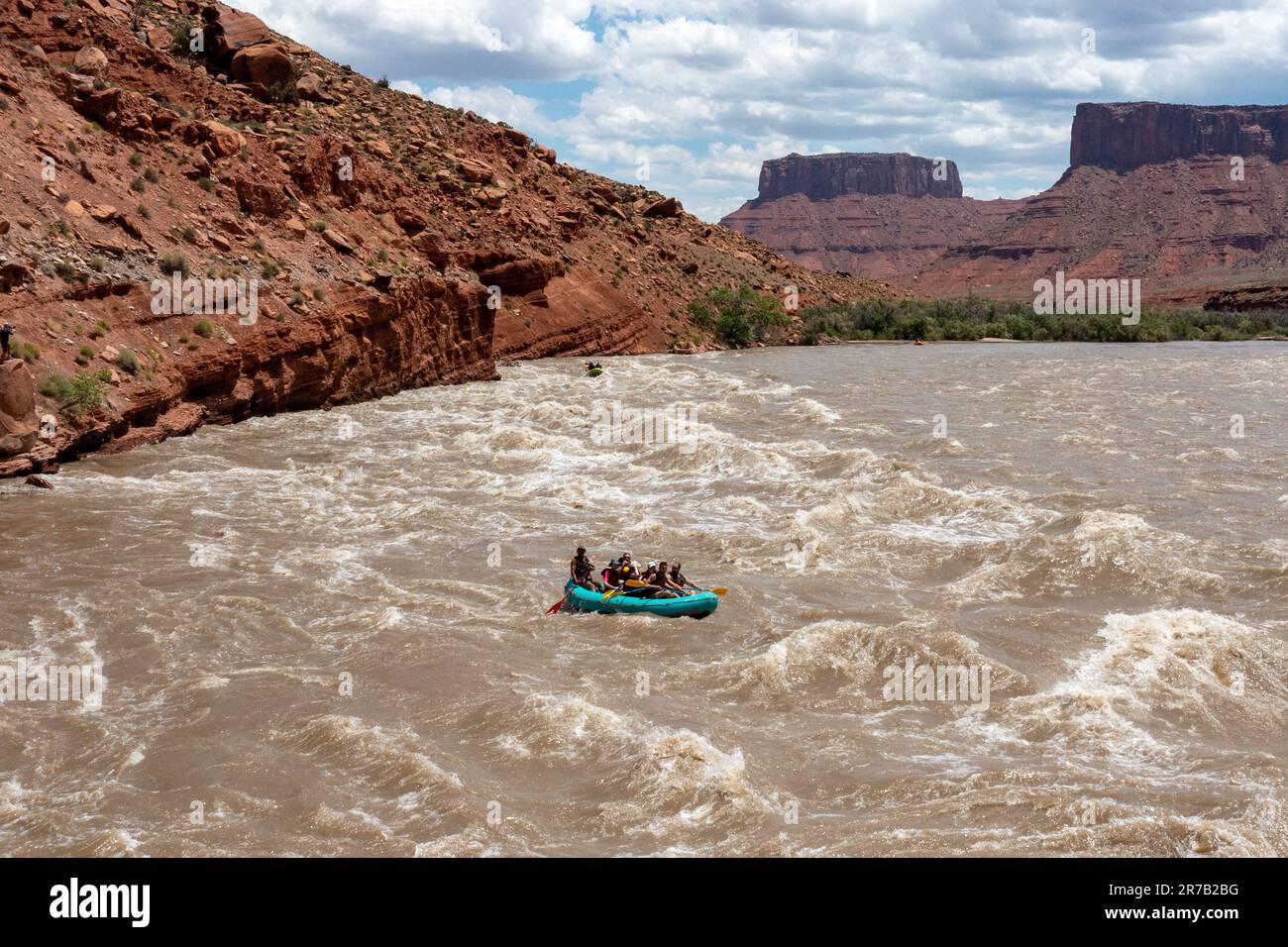 Touristen genießen eine Rafting-Tour durch die großen Wellen in White's Rapid auf dem Colorado River im Hochwasser. Moab, Utah. Stockfoto
