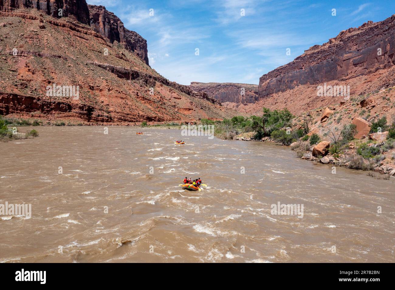 Touristen genießen eine Rafting-Tour durch die großen Wellen in White's Rapid auf dem Colorado River im Hochwasser. Moab, Utah. Stockfoto