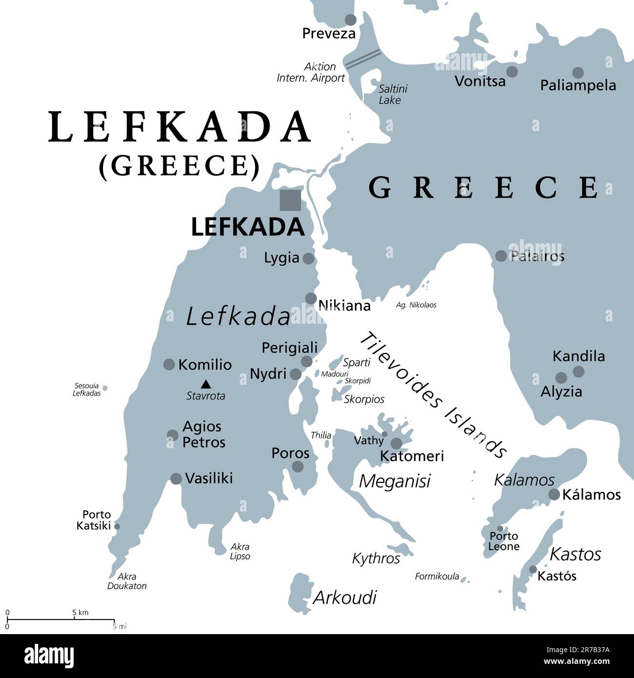 Lefkada, Regionaleinheit, graue politische Karte. Teil der Ionischen Inseln in Griechenland, auch bekannt als Lefkas, Leukas oder Leucadia. Mit Den Tilevoides-Inseln. Stockfoto