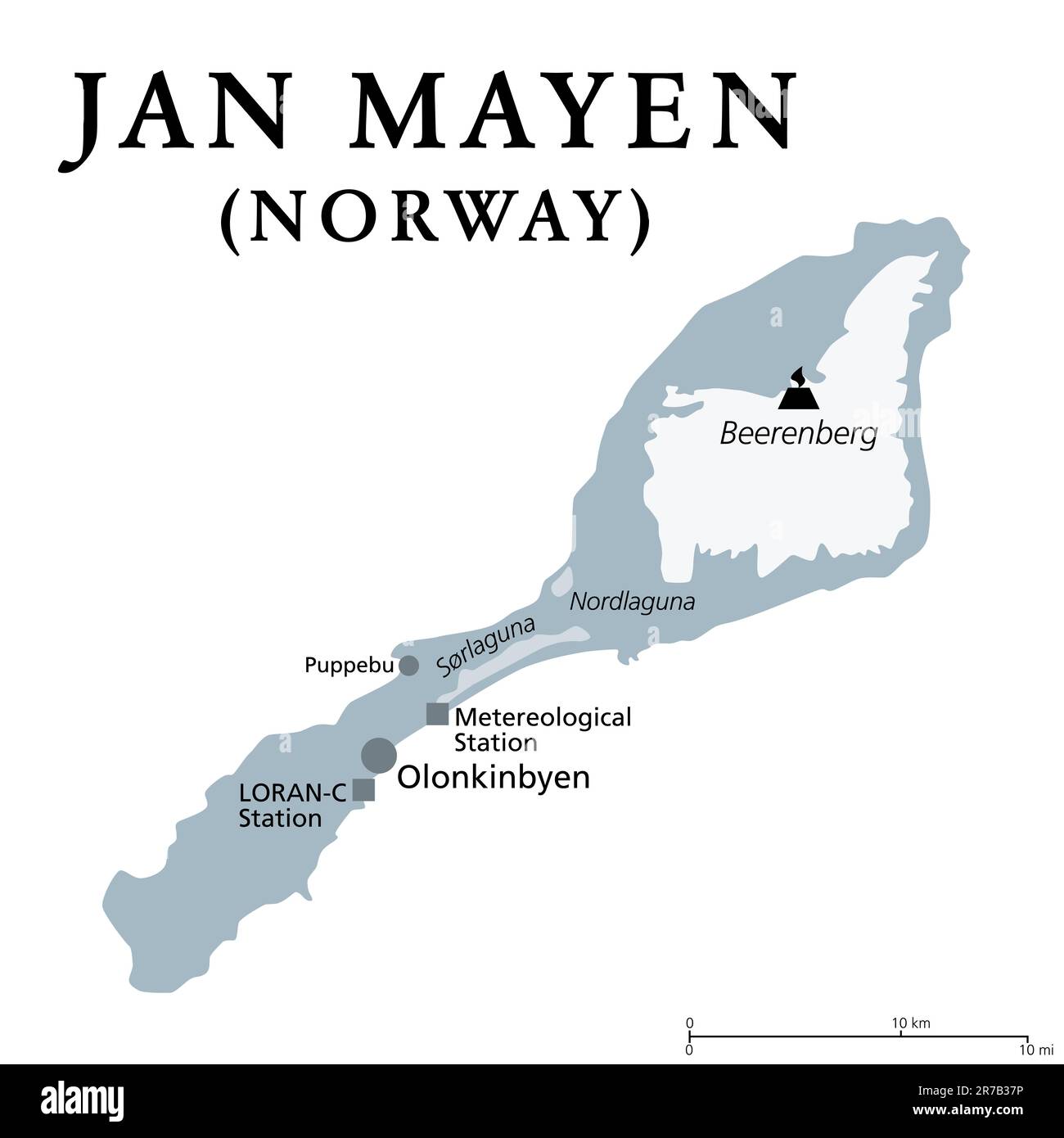 Jan Mayen, graue politische Karte. Norwegische Vulkaninsel im Polarmeer zwischen Grönland und der Norwegischen See, teilweise mit Gletschern bedeckt. Stockfoto