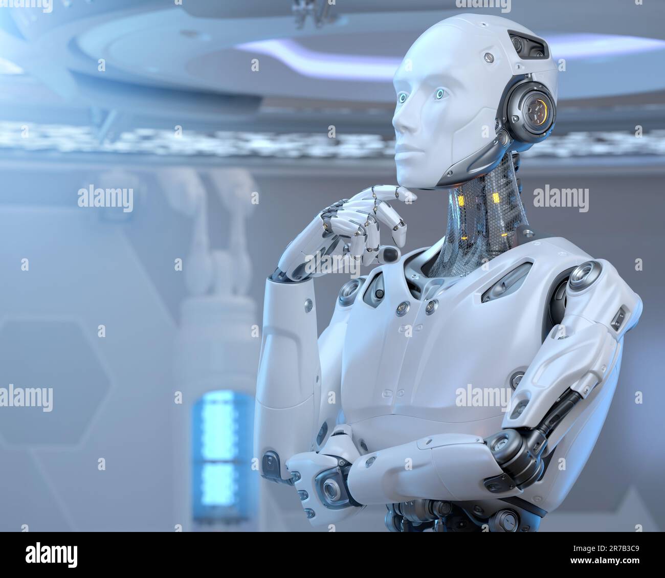 Roboter steht im Sci-Fi-Innenraum. 3D-Abbildung Stockfoto