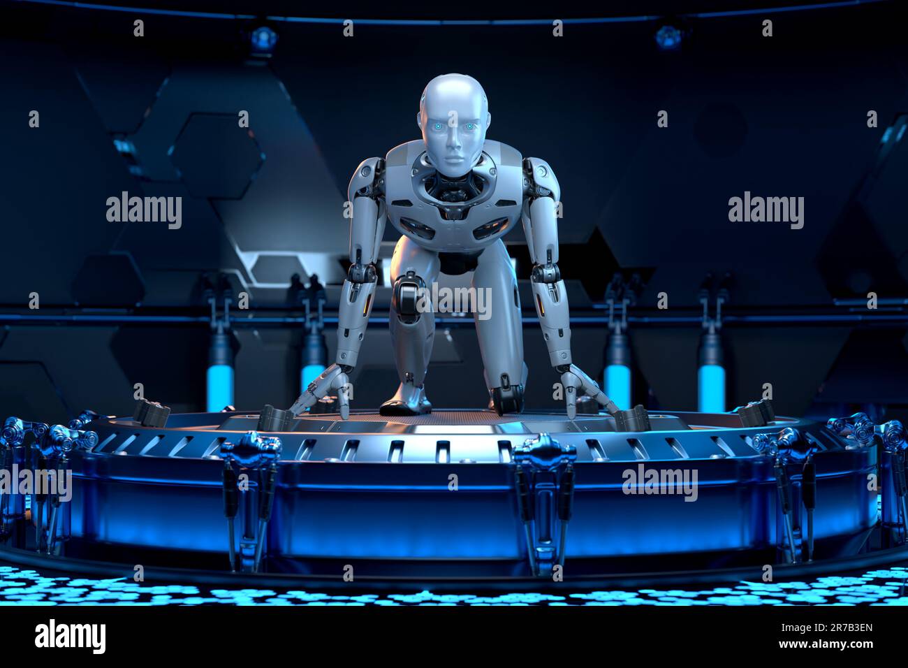 Roboter steht in Startposition im Sci-Fi-Innenraum. 3D Abbildung Stockfoto