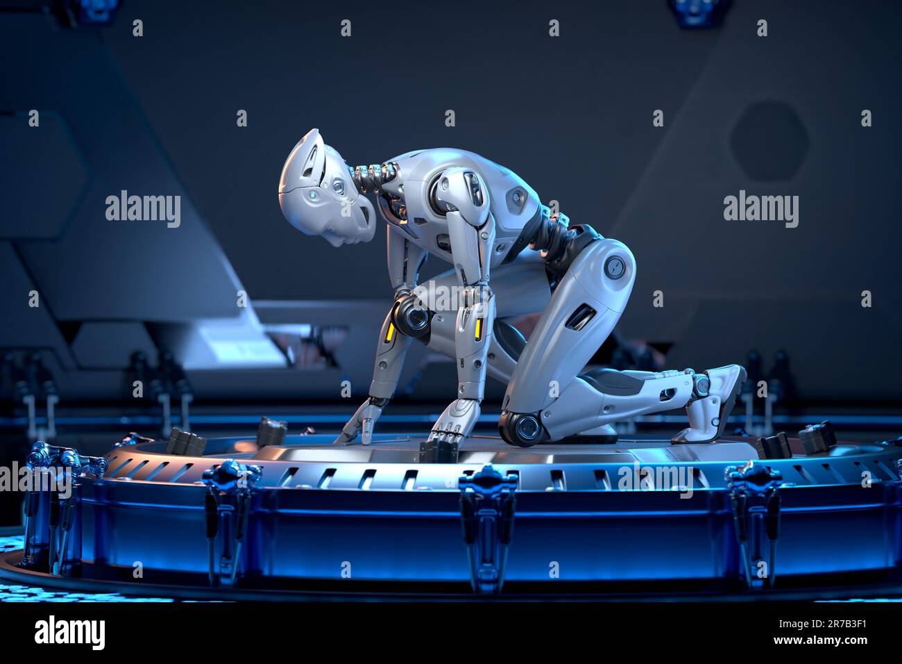 Roboter steht in Startposition im Sci-Fi-Innenraum. 3D Abbildung Stockfoto
