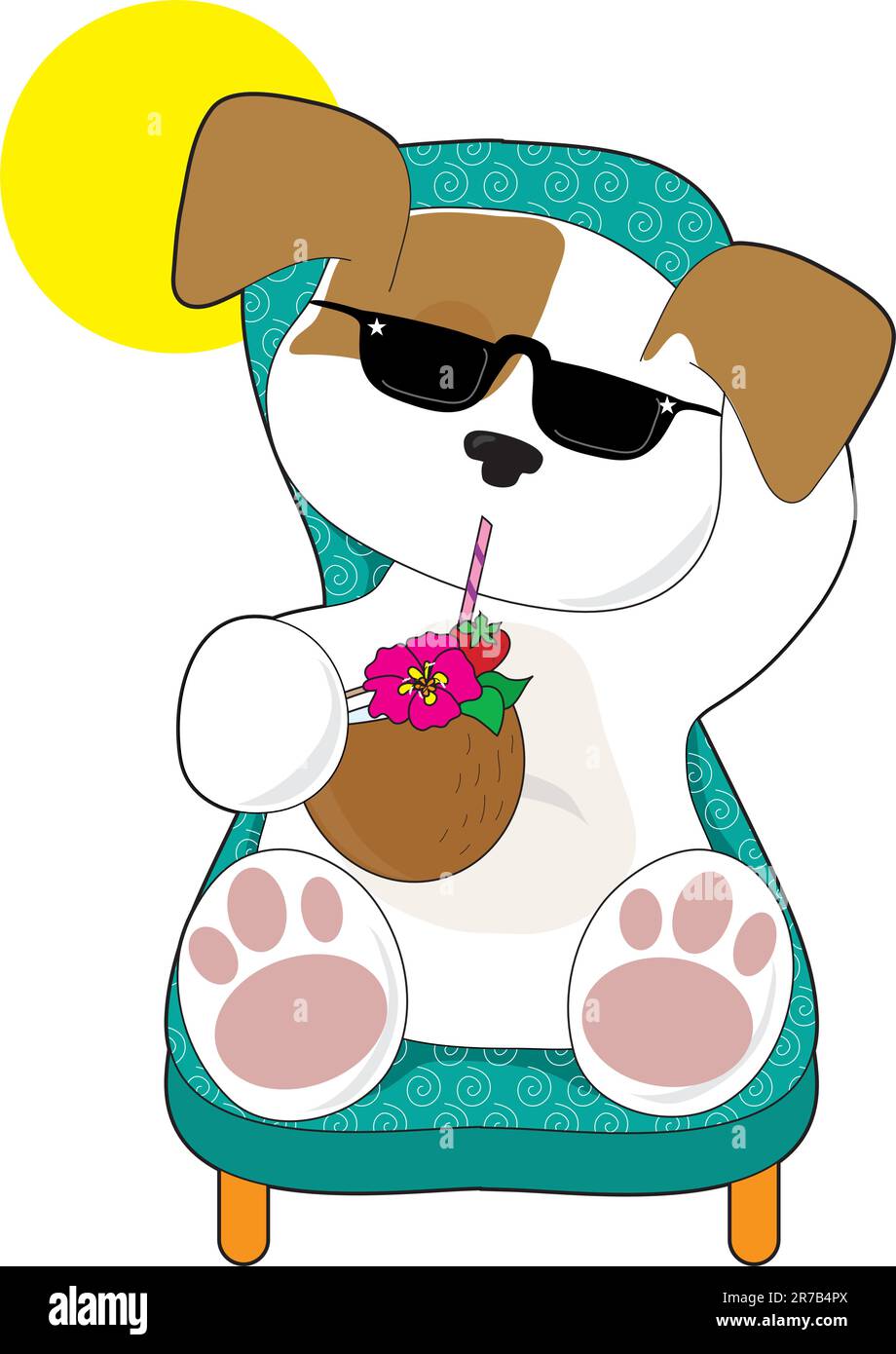 Ein cute puppy ist Entspannung in einem Gartensessel und genießen Sie ein tropisches Getränk Stock Vektor