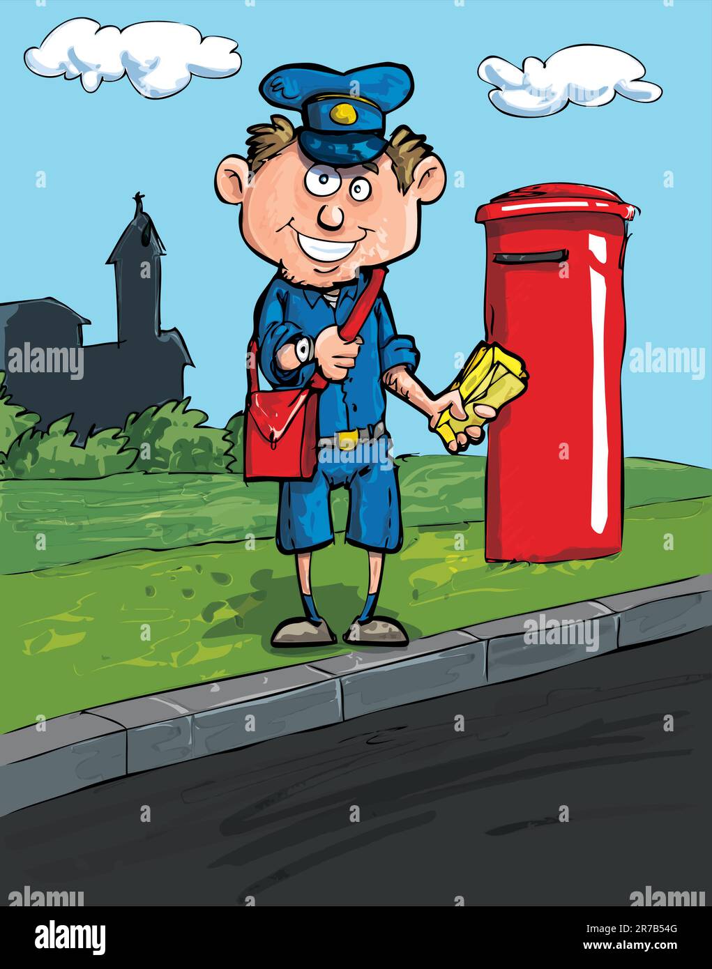 Cartoon-Briefträger von einem Postfach auf einer Straße mit einigen Gebäuden in der Ferne Stock Vektor