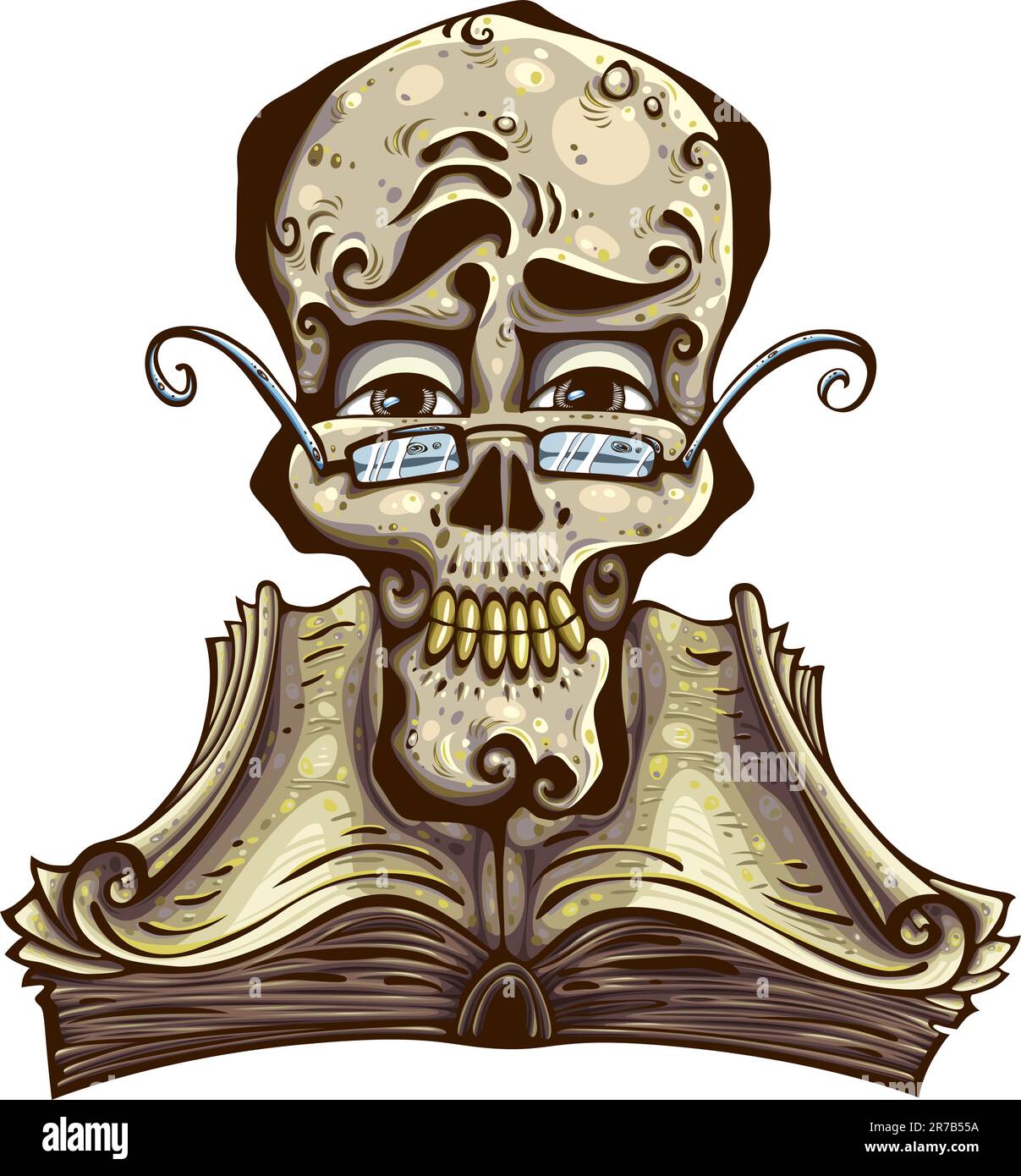 Schlauer Schädel. Der Schädel trägt eine Brille über einem alten Buch mit lockigen Seiten. Detaillierte Abbildung. Stock Vektor