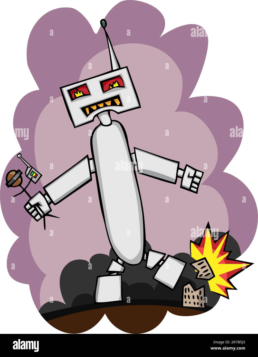 Riesiger Roboter mit Person Hand Kicks auf ein Gebäude Stock Vektor