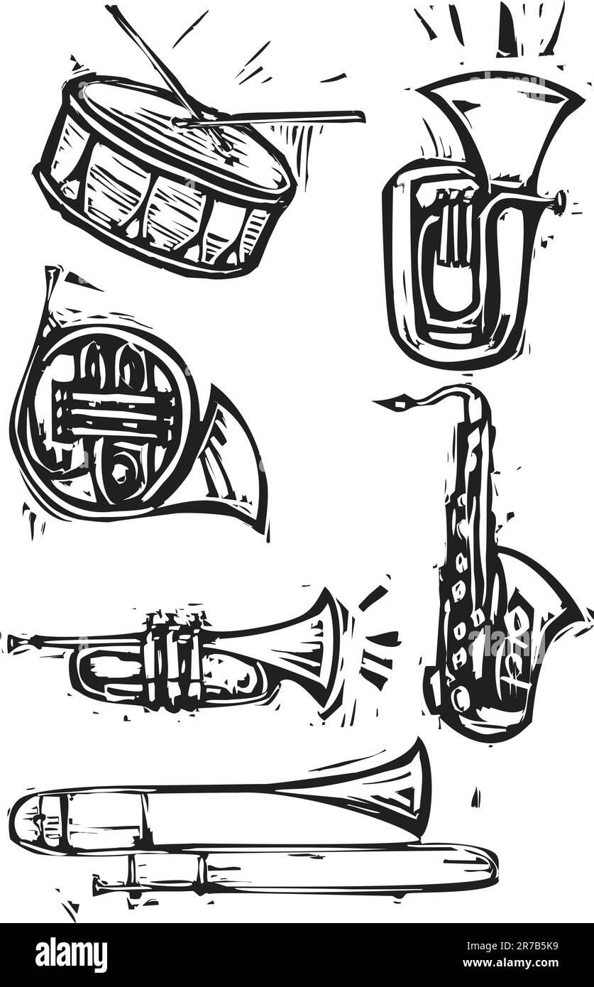 Verschiedene Blechblasinstrumente und eine Trommel, Saxophon, French Horn, Trompete, Posaune, Tuba Stock Vektor