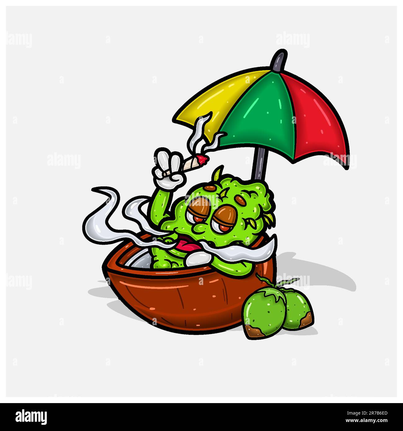 Weed Bud Auf Kokosnuss-Cartoon-Figur. Perfekt für Logos und Produktetiketten. Vektoren und Illustrationen. Stock Vektor