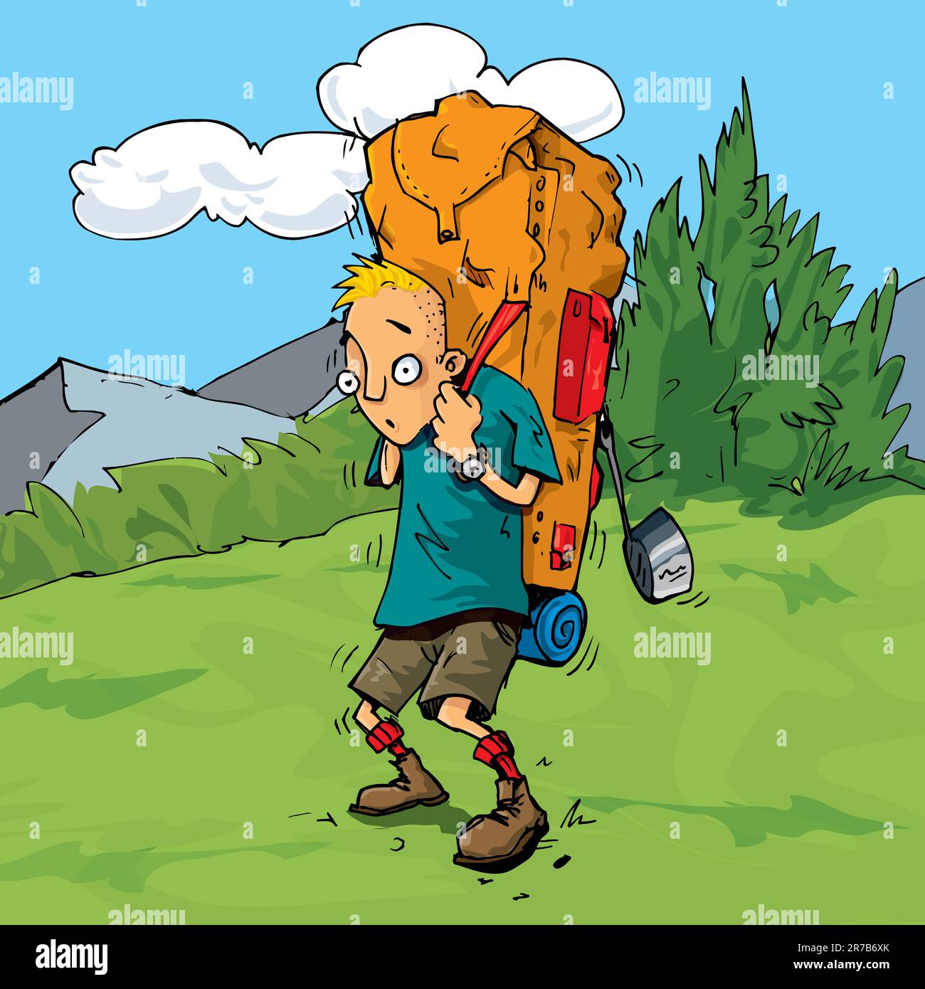 Cartoon Hiker im Wald mit blauem Himmel und Bergen dahinter Stock Vektor