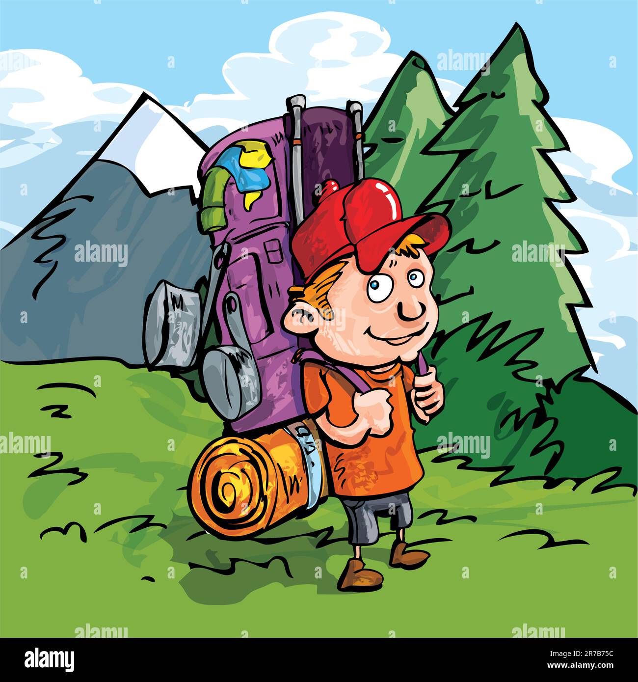 Cartoon Hiker im Wald mit blauem Himmel und einem Berg dahinter Stock Vektor