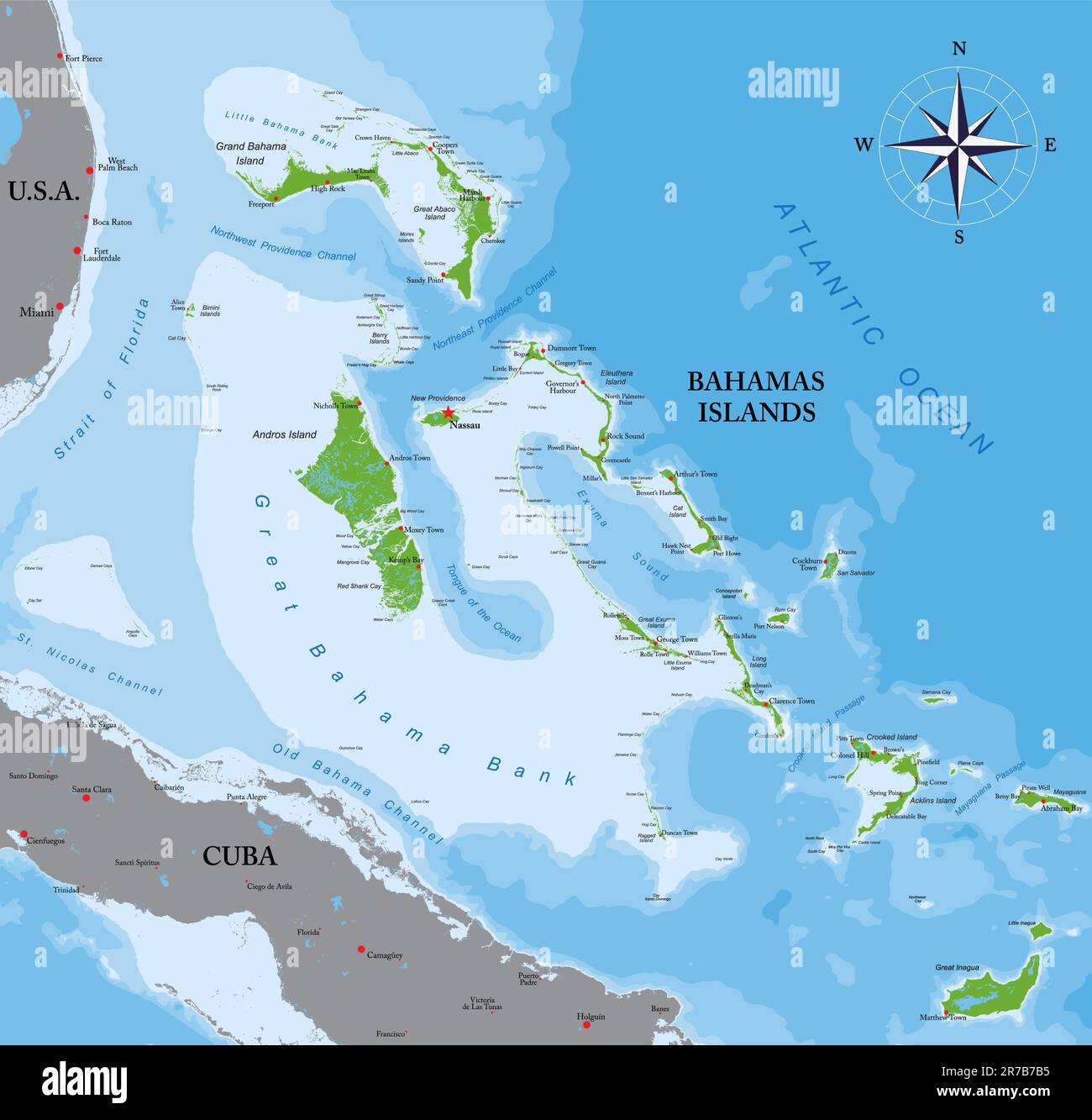 Sehr detaillierte physische Karte der Bahamas-Inseln im Vektorformat, mit allen Reliefformen, Regionen und Großstädten. Stock Vektor