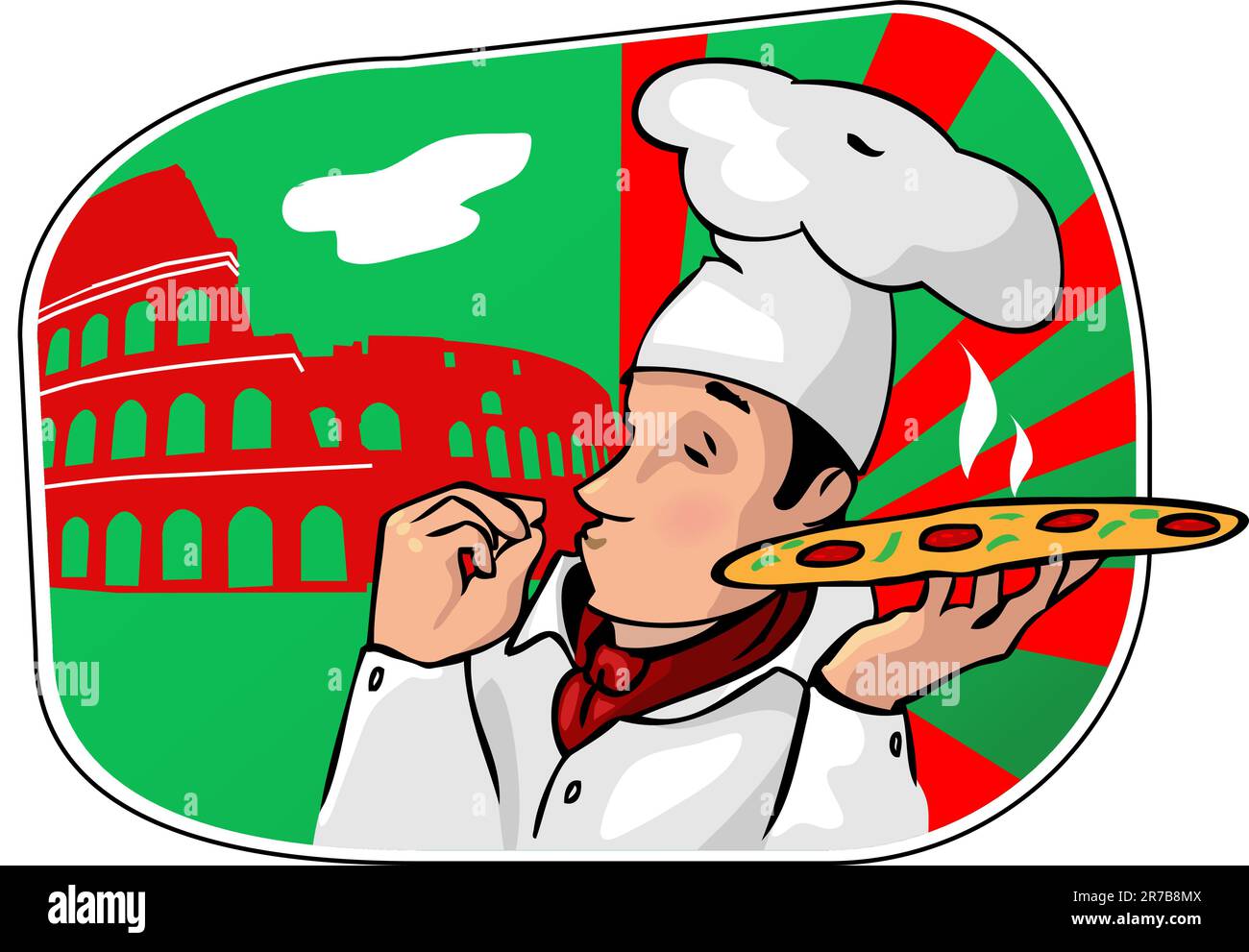 Illustration eines italienischen Zeichentrickkochs mit einer frisch gebackenen Pizza und Coliseum jn als Hintergrund Stock Vektor