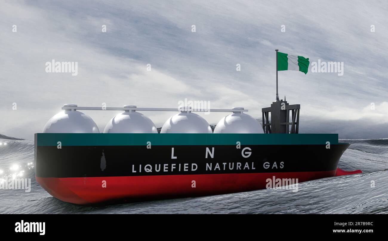 Flüssigerdgas Nigeria, Nigeria Gasreserve, LNG-Speicherreservoir, Erdgastank Nigeria mit der Flagge Nigeria, Sanktionen für Gas, 3D Arbeit und 3D Stockfoto