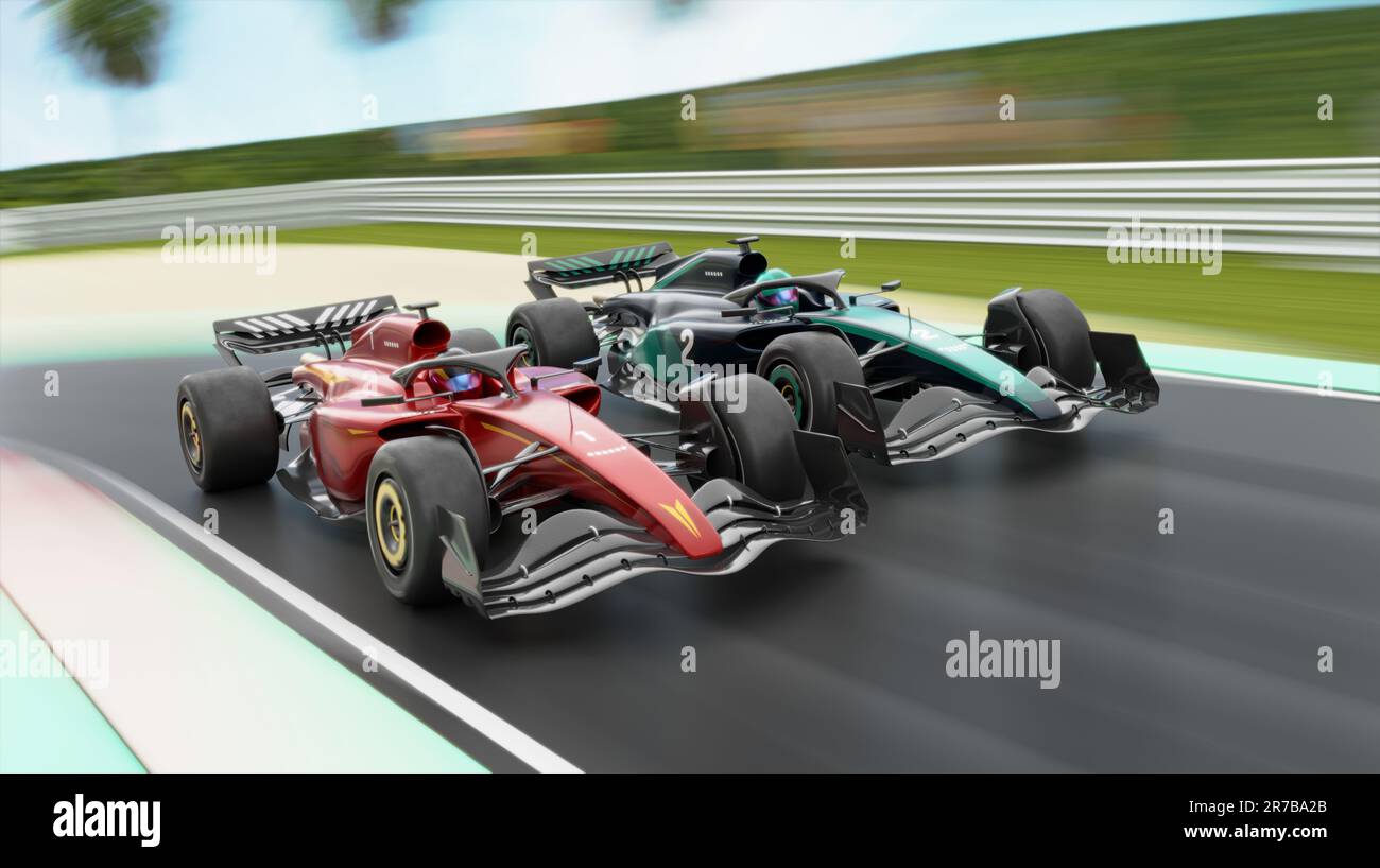 Formel-1-Rennwagen ohne Branding auf der Rennstrecke – 3D-Rendering Stockfoto