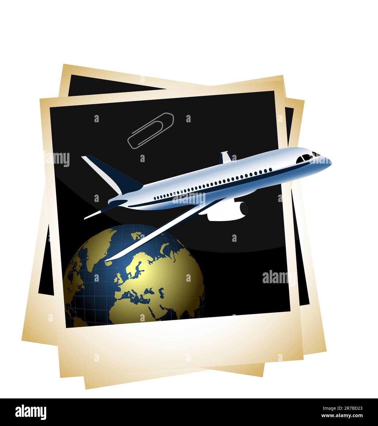 Abbildung einer konzeptionellen Zusammensetzung - das Flugzeug abheben von Planet Weltraum auf Foto-Rahmen-Hintergrund - Vektor Stock Vektor