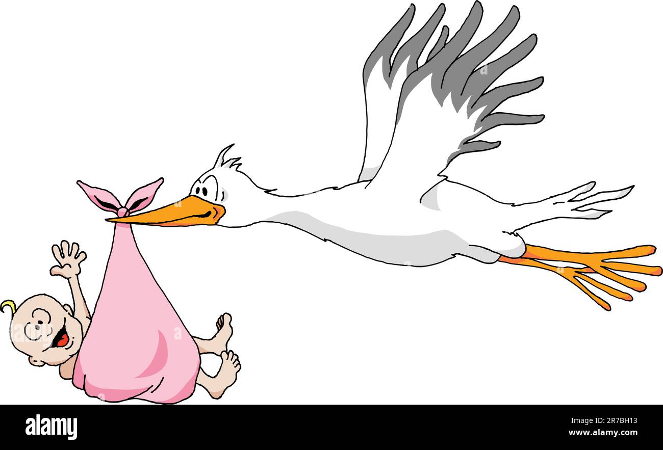 Humorvolle Illustration eines Storchs, der ein kleines Mädchen trägt. Stock Vektor
