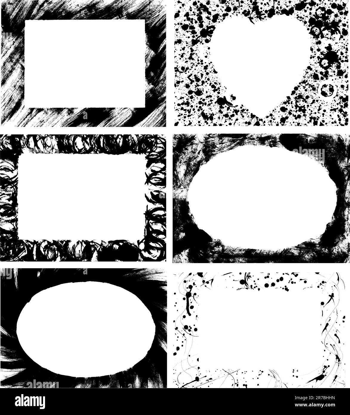 Sechs handgezeichneten Tinte rechteckigen, ovale und herzförmigen Rahmen Stock Vektor