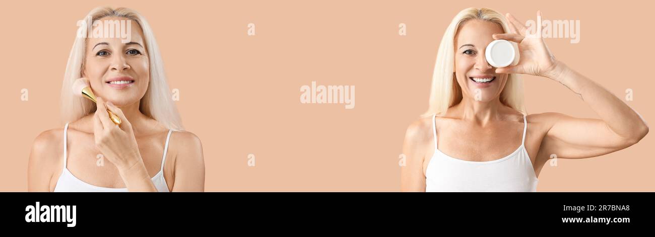 Reife blonde Frau mit Kosmetikcreme und Make-up-Pinsel auf beigefarbenem Hintergrund. Banner für Design Stockfoto