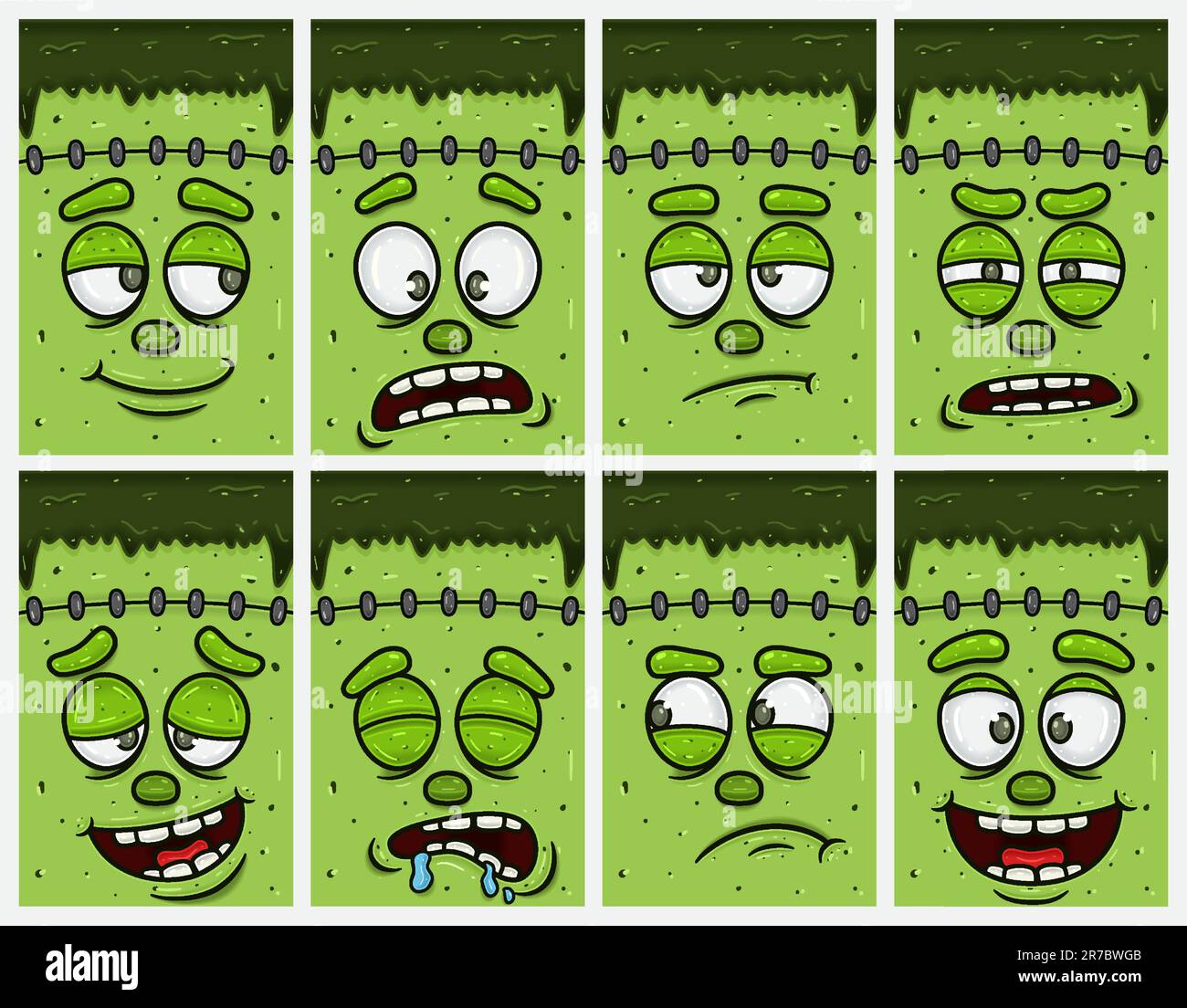 Frankenstein Cartoon Expressionsset. Design-Set für Deckel, Etiketten und Verpackung. Vektordarstellung. Stock Vektor