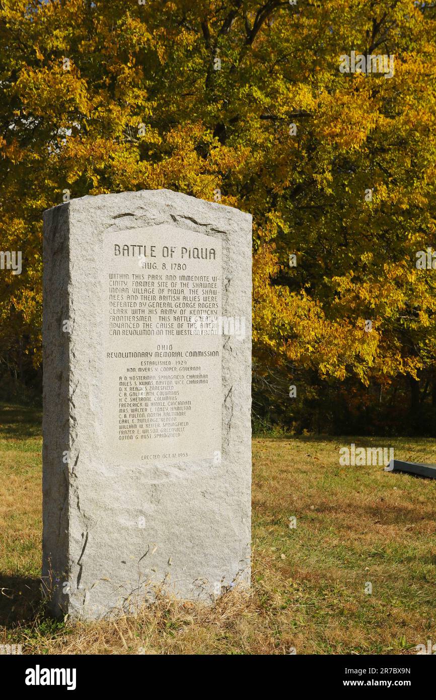 Die Schlacht Von Piqua. 8. August 1780. In diesem Park und in unmittelbarer Nähe befindet sich der ehemalige Ort des Shawnee-Indianerdorfes Piqua, die Shawnees und ihre Stockfoto
