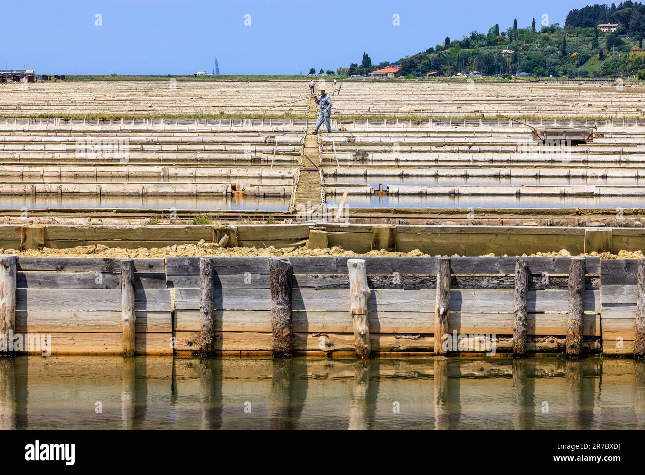 Blick auf die schmalen Wege und Deiche, die die Salinen von piran säumen, während Arbeiter alte Holzwerkzeuge verwenden, um die Pfannen und die petola Basis zu pflegen Stockfoto