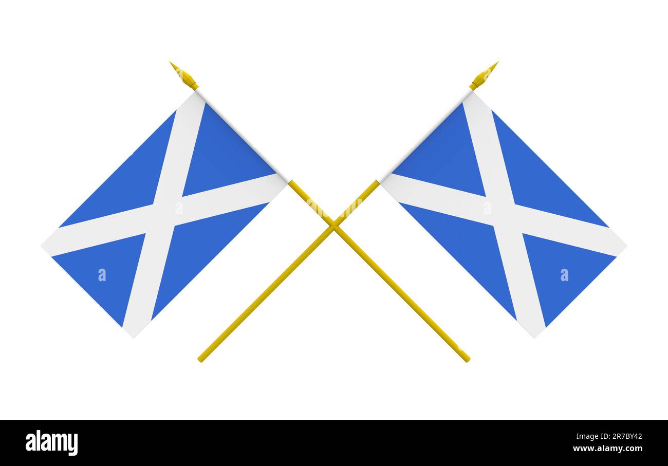 Zwei gekreuzte Flaggen von Schottland, 3D Rendern, isoliert auf Weiß Stockfoto