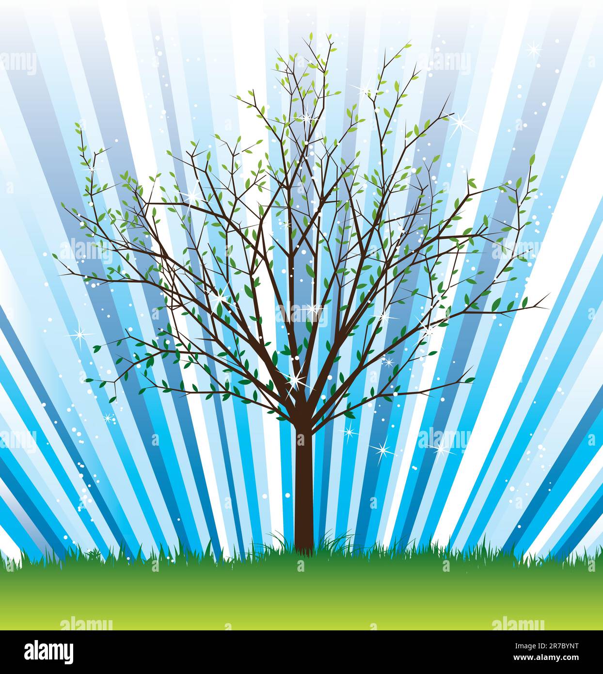 Vektordarstellung des Frühlingsbaums mit weißen Blumen und grünen Blättern auf farbenfrohem Sternenhintergrund; leicht zu bearbeiten. Stock Vektor