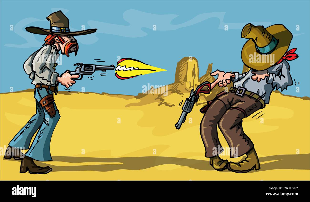 Cartoon-Cowboy-Schießerei mit tragischem Ergebnis in der Wüste Stock Vektor