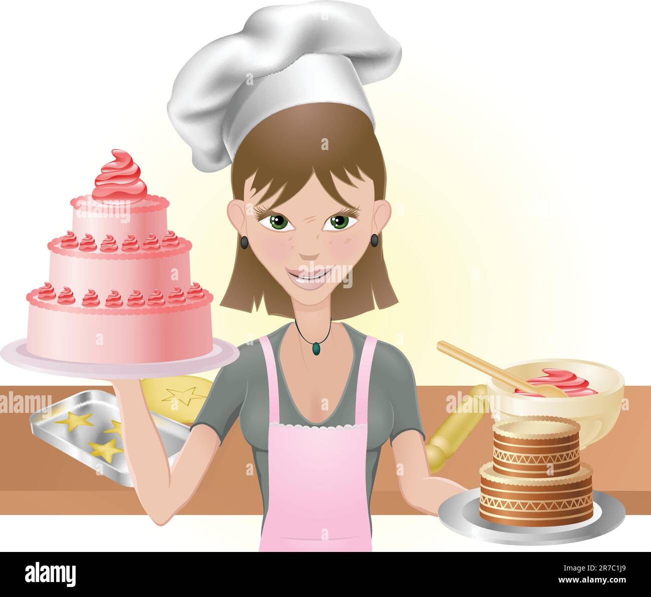 Junge attraktive Frau mit zwei Kuchen. Ein rosa eine Schokolade mit Koch Hut und Backen Kochutensilien Stock Vektor