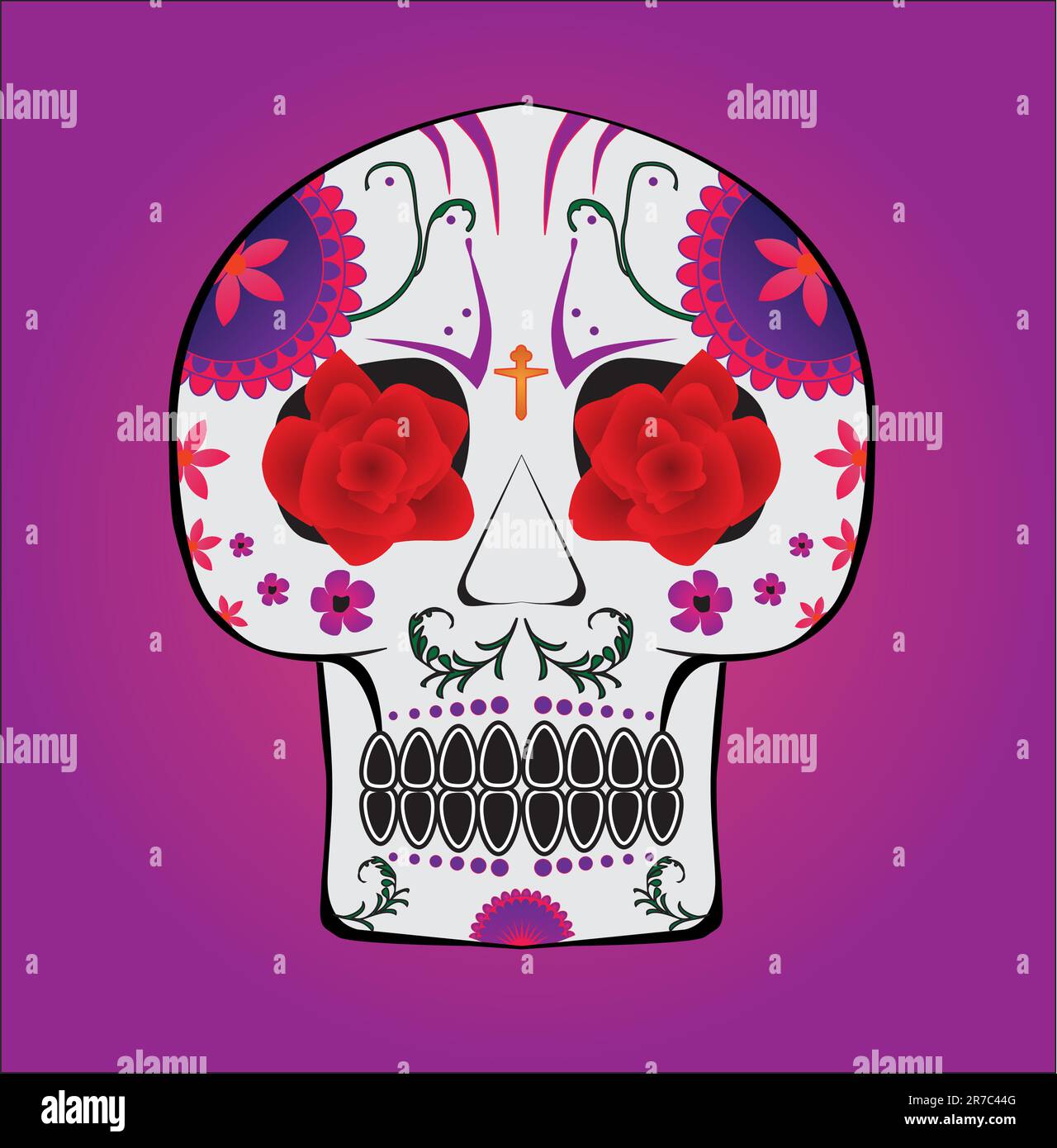 Ein traditioneller mexikanischer Candy Skull mit zwei roten Rosen in den Augen und lila Blumen Stock Vektor