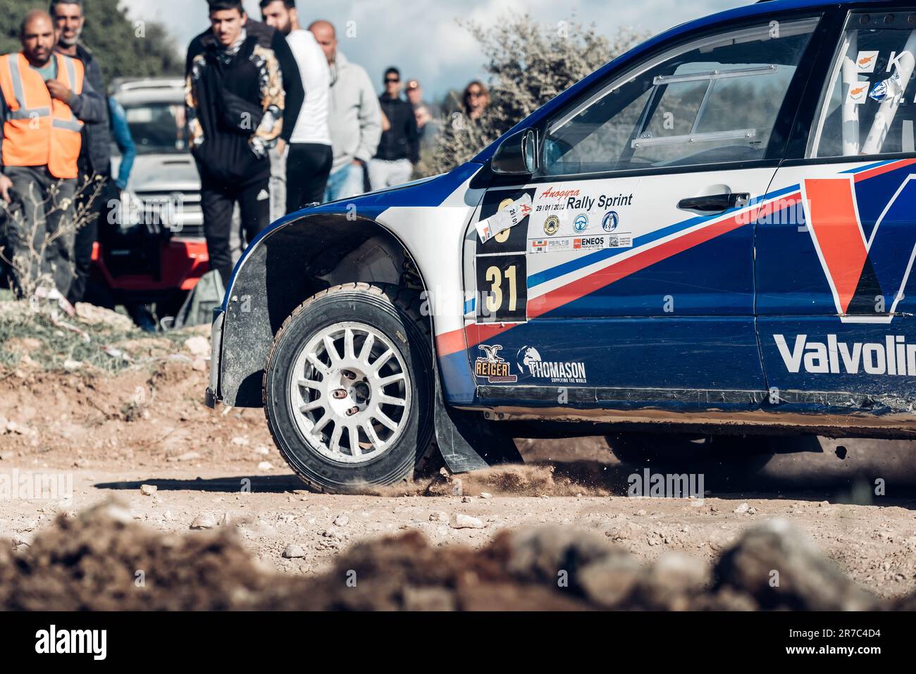 Anogyra, Zypern - 29. Januar 2023: Mitsubishi Lancer Evo VII auf der Anogyra Rally Sprint 2023 Stockfoto