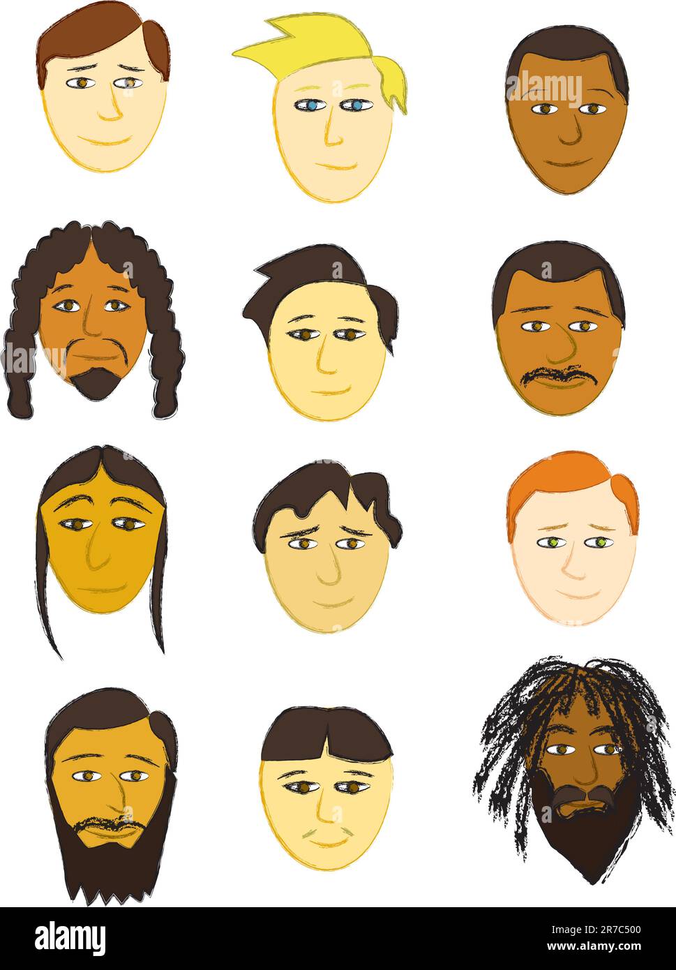 Zwölf männliche Gesichter verschiedener Ethnien. Stock Vektor
