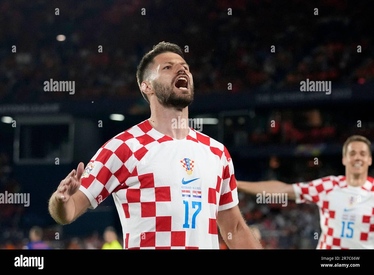 Croatia's Bruno Petkovic celebrates after scoring his side's third goal during the Nations League semifinal soccer match between the Netherlands and Croatia at De Kuip stadium in Rotterdam, Netherlands, Wednesday, June 14, 2023. (AP Photo/Peter Dejong) Stockfoto