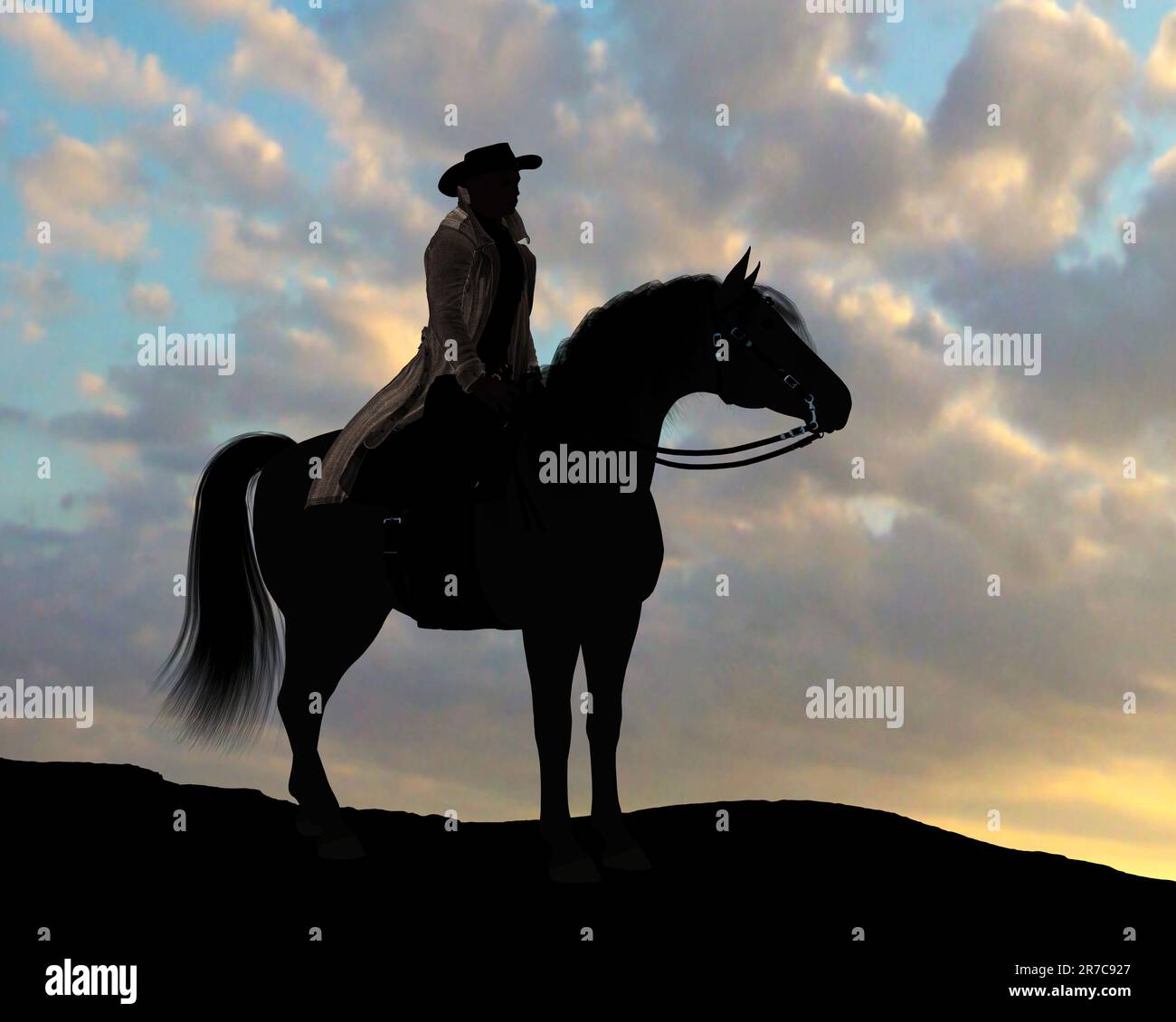 Cowboy Klaus Silhouette - Ein Cowboy und sein Pferd stehen auf einer Klippe und ruhen sich während des Sonnenuntergangs aus. Stockfoto