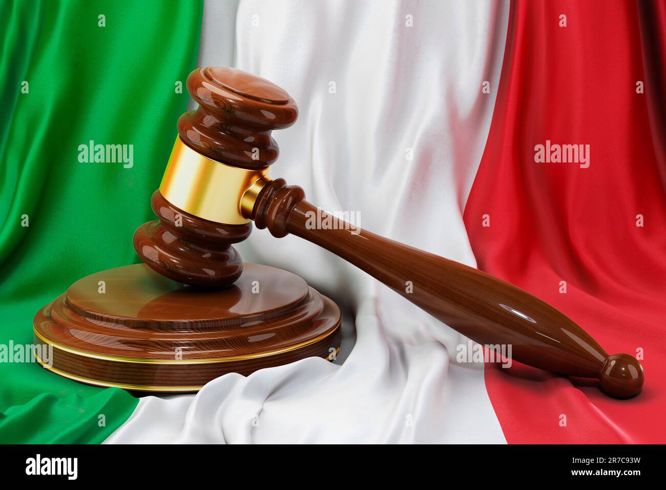 Italienisches Recht und Rechtsbegriff. Holzhammer auf italienischer Flagge, 3D-Rendering Stockfoto