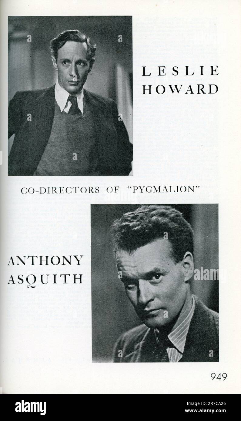 Werbeanzeige für LESLIE HOWARD und ANTHONY ASQUITH als Co-Directors von LESLIE HOWARD und WENDY HILLER in PYGMALION aus dem Stück von GEORGE BERNARD SHAW, produziert von GABRIEL PASCAL vom International Motion Picture Almanac, herausgegeben von Terry Ramsaye Quigley Publishing Company, New York Stockfoto