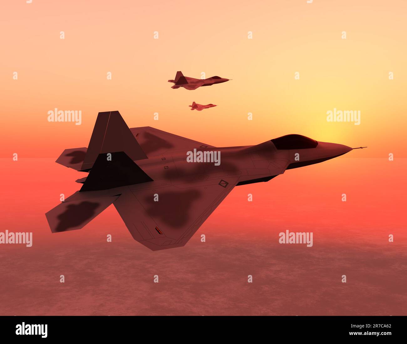 Sunset findet eine Einheit F-22-Kampfjets auf Patrouille über die Umwelt. Stockfoto