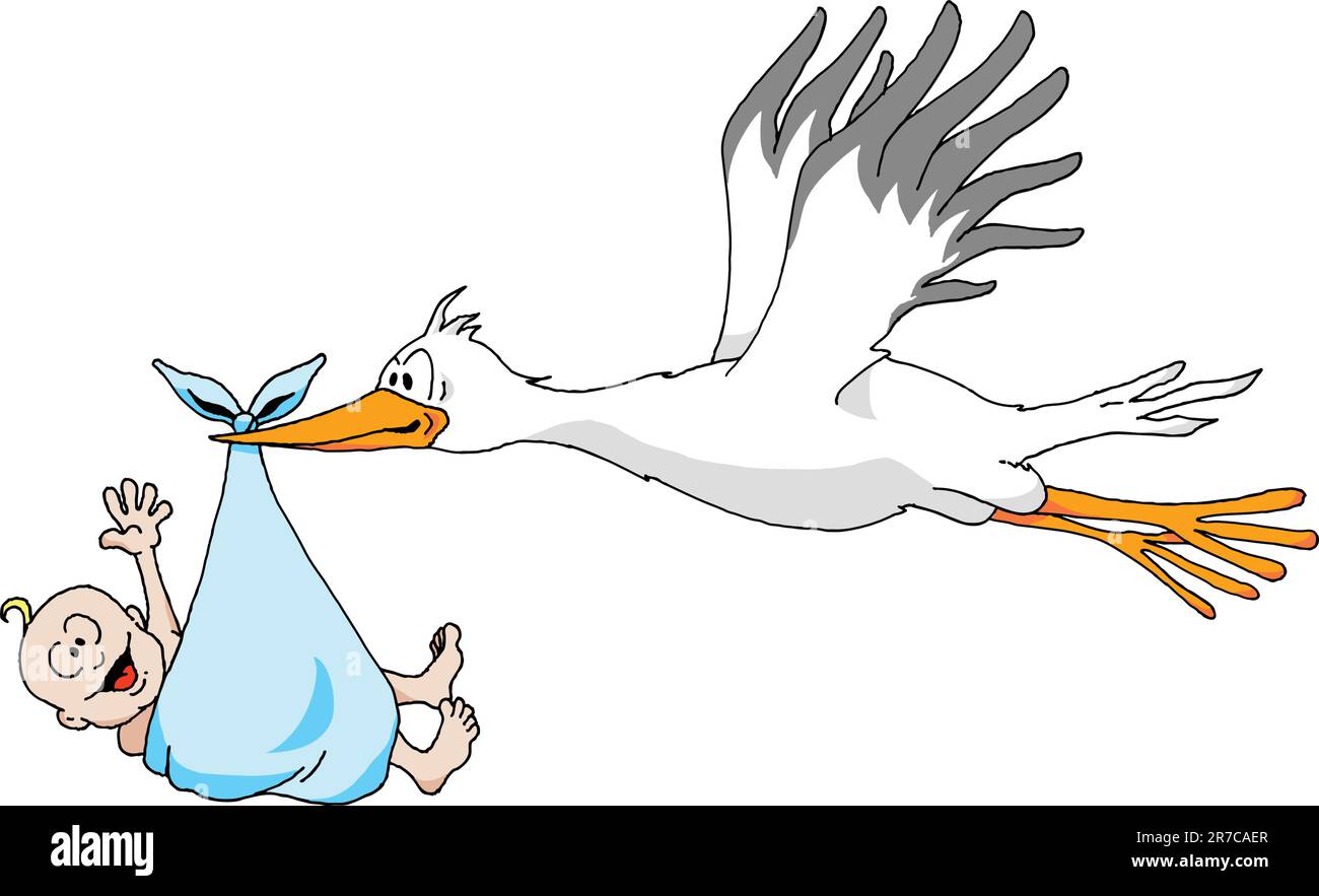 Humorvolle Illustration eines Storchs, der einen Baby Boy trägt. Stock Vektor