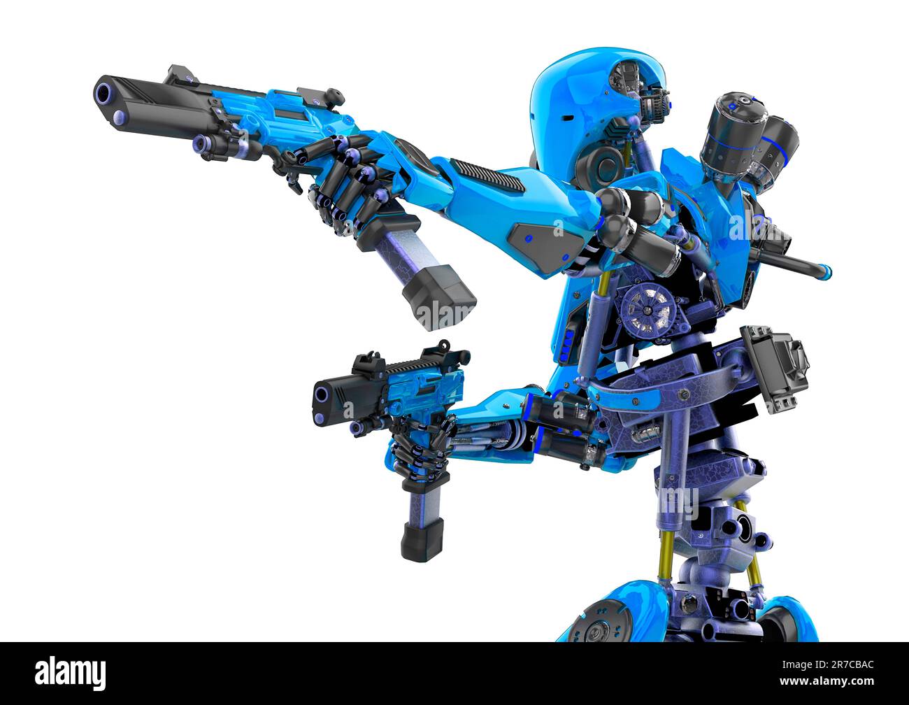 Superroboter in Aktion mit doppelter Pistolenhaltung, 3D-Darstellung Stockfoto